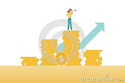 Financial consultant stands on of coins and looks through a telescope. Successful investor or entrepreneur. Financial Cartoon Illustration